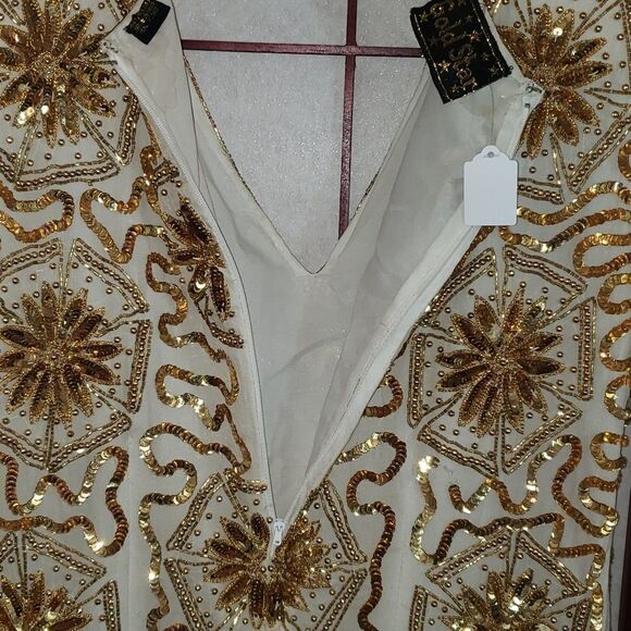 Gold Star Fringed Sequined Beaded Silk Cocktail Formal Dress - Picture 10 of 11